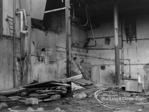 Cape Asbestos factory, Harts Lane, Barking, showing neglected and wrecked interior with broken concrete bases, 1968