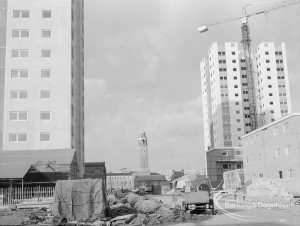 Housing in Gascoigne area of Barking, showing crane and blocks of flats to east of Axe Street, looking towards Barking Town Hall and Clock Tower [see also EES12660], 1968