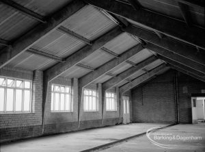Cape Asbestos factory, Harts Lane, Barking, showing interior of shed and concrete beams, 1968
