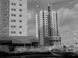 Housing in Gascoigne area of Barking, showing crane and blocks of flats to east of Axe Street [see also EES12655], 1968