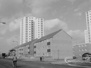 Housing in Gascoigne area of Barking, showing tower block flanked left and right by low rise blocks of flats, 1968