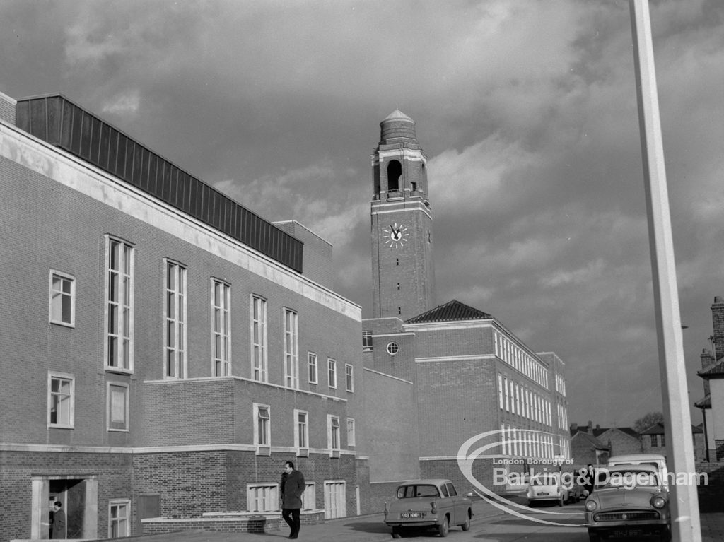 East side of Barking Town Hall Clock Tower, Assembly Hall and Small Hall, taken from south-east, 1968