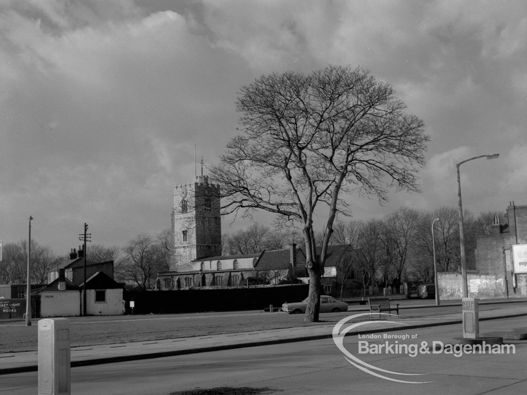 St Margaret’s Parish Church, Barking, taken from the Captain Cook Public House, 1968