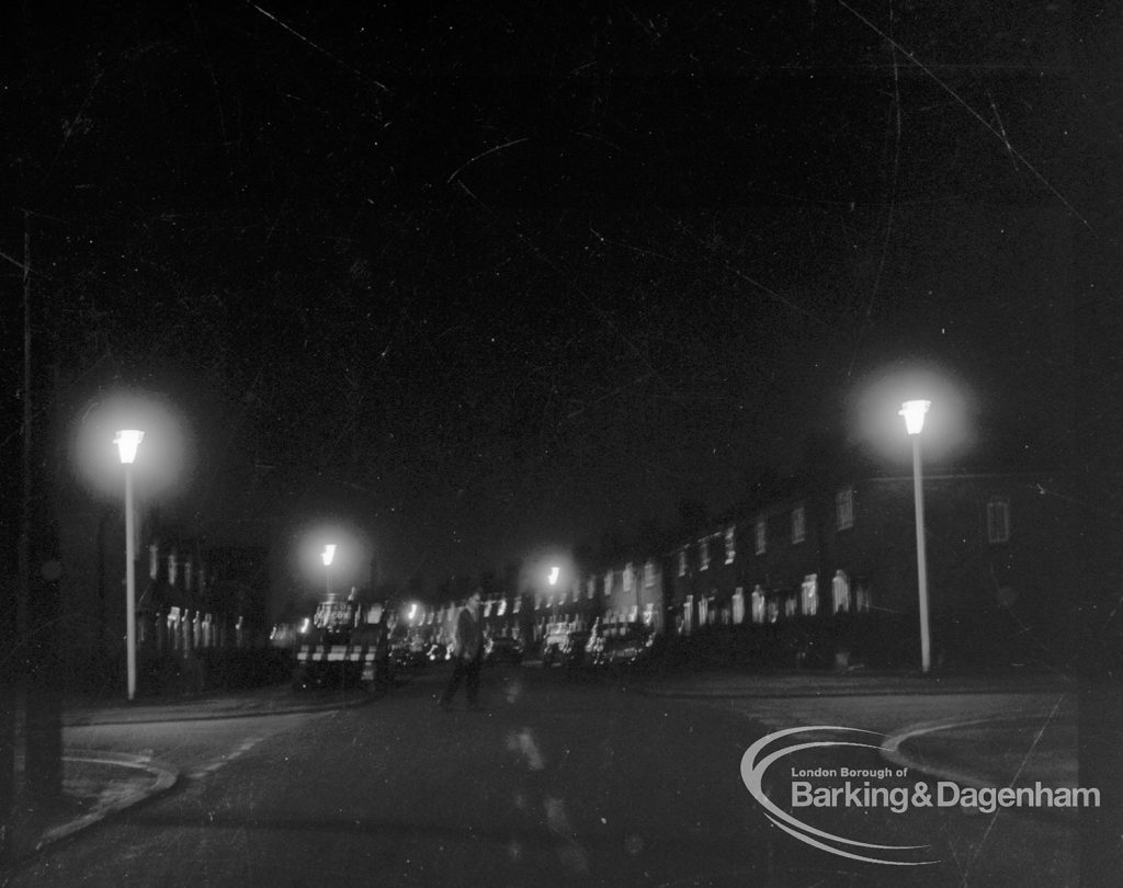 Street lighting at night in Dagenham, 1968