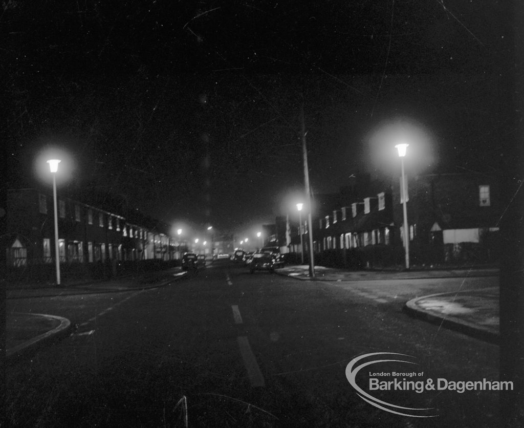 Street lighting at night in Dagenham, 1968