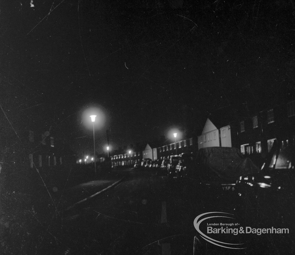 Street lighting at night in Dagenham, 1968