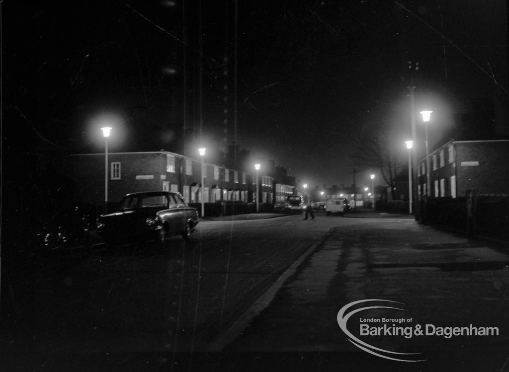 Street lighting at night in Dagenham, 1968