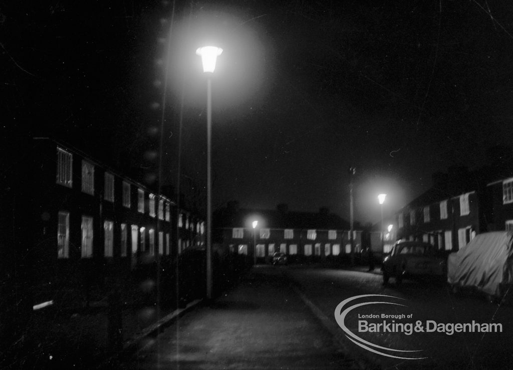 Street lighting at night in Dagenham, 1968