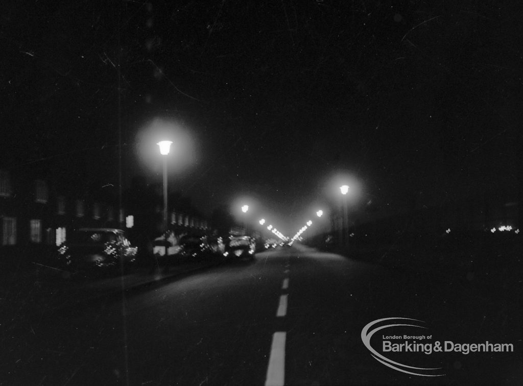 Street lighting at night in Dagenham, 1968