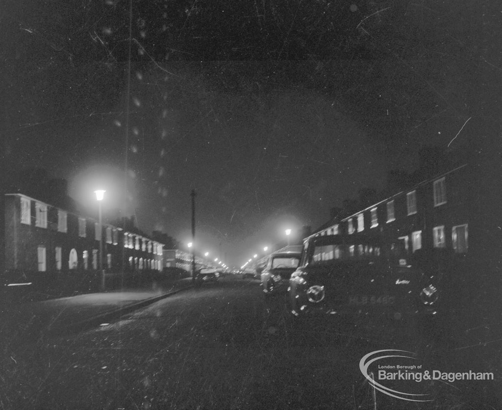 Street lighting at night in Dagenham, 1968