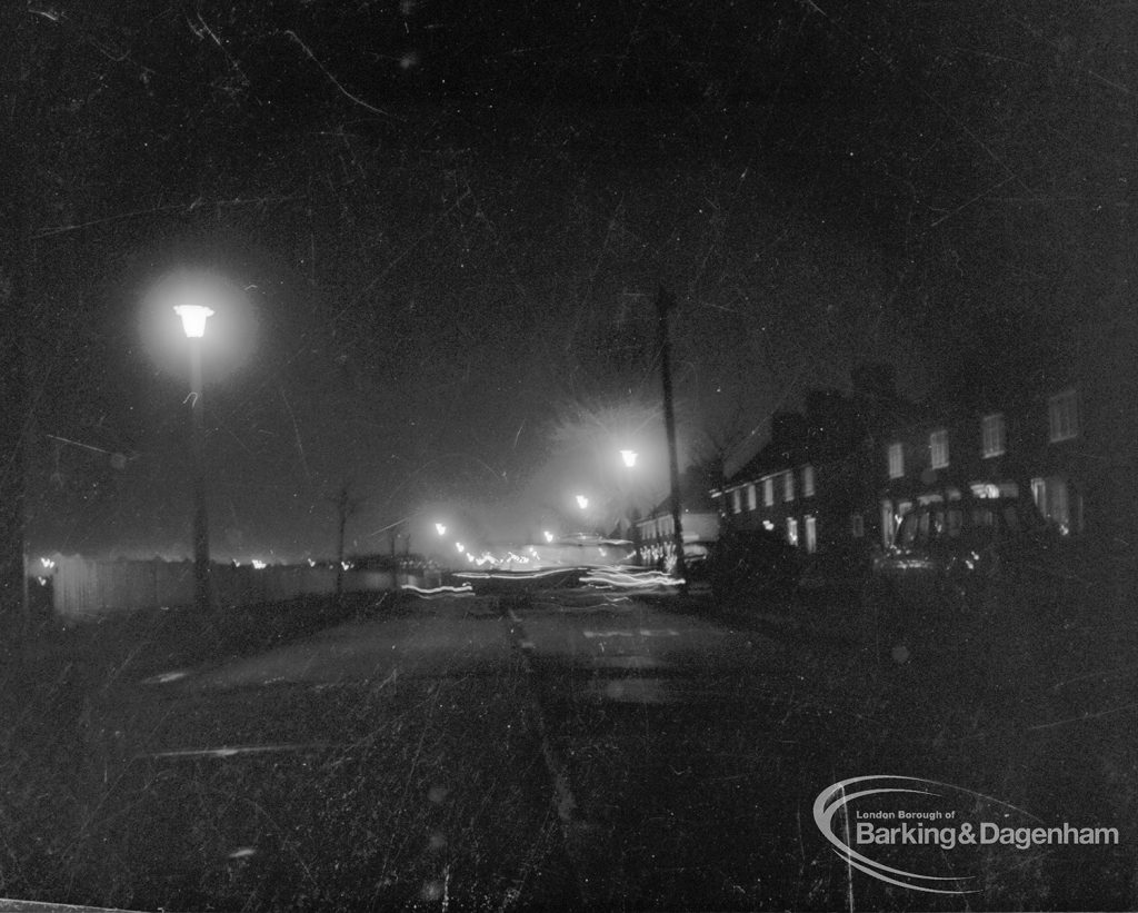 Street lighting at night in Dagenham, 1968