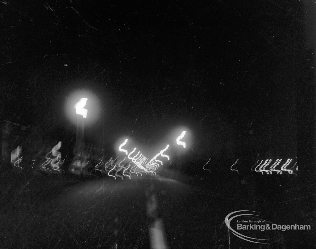 Street lighting at night in Dagenham, 1968