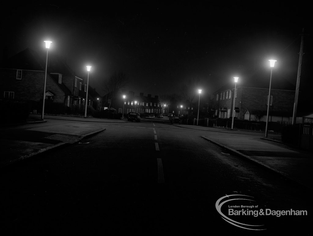 Street lighting at night in Dagenham, 1968