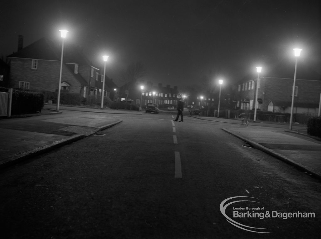 Street lighting at night in Dagenham, 1968