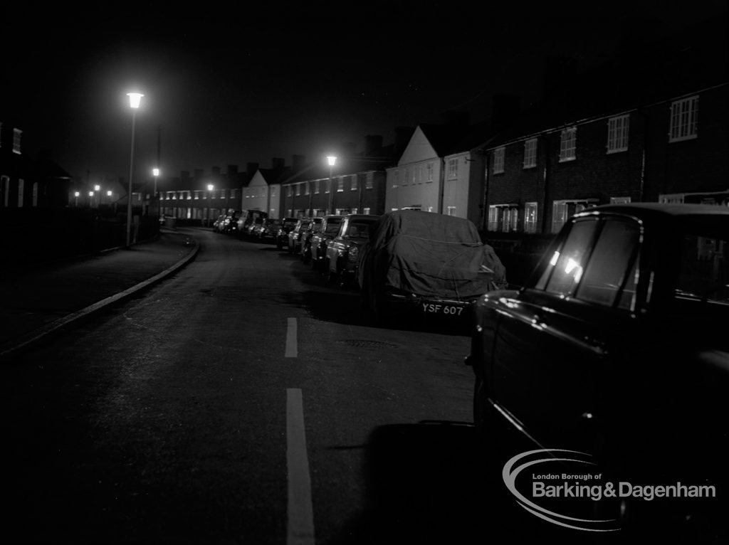 Street lighting at night in Dagenham, 1968