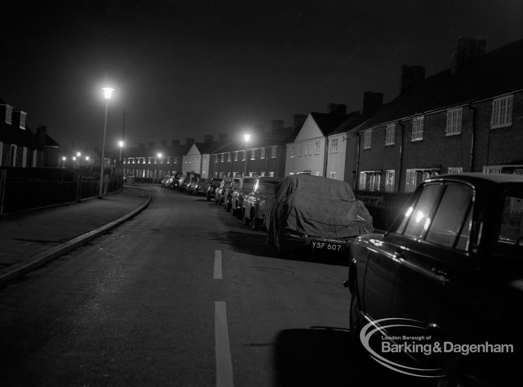 Street lighting at night in Dagenham, 1968