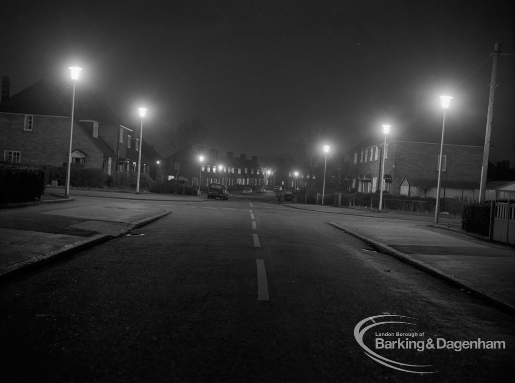 Street lighting at night in Dagenham, 1968