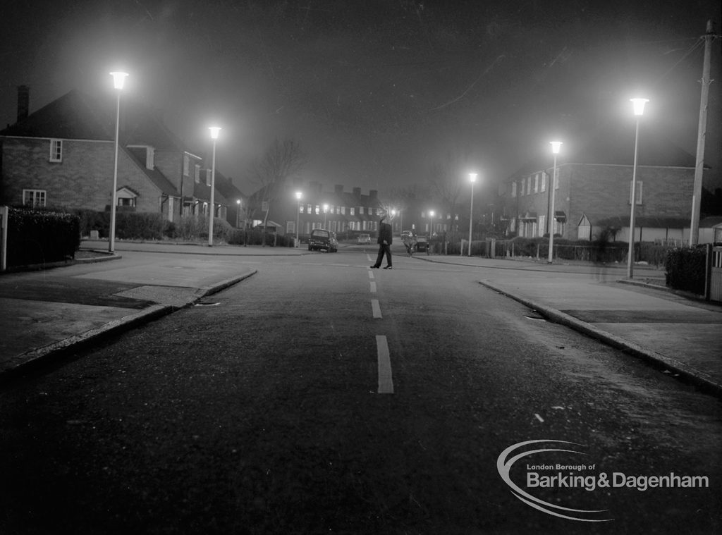 Street lighting at night in Dagenham, 1968