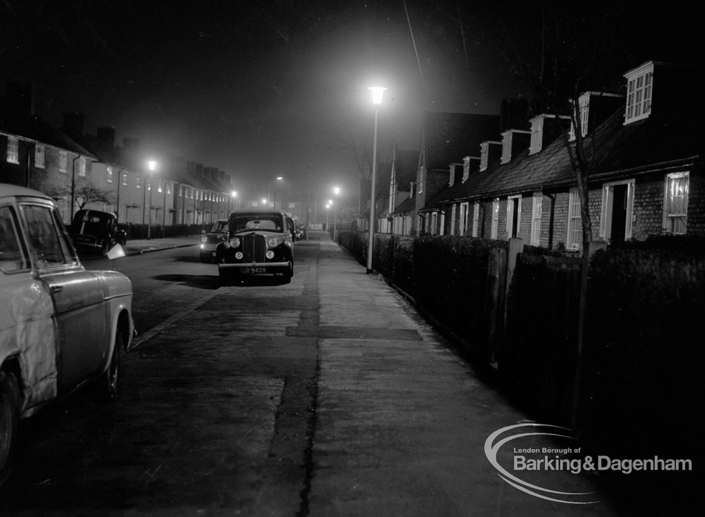 Street lighting at night in Dagenham, 1968