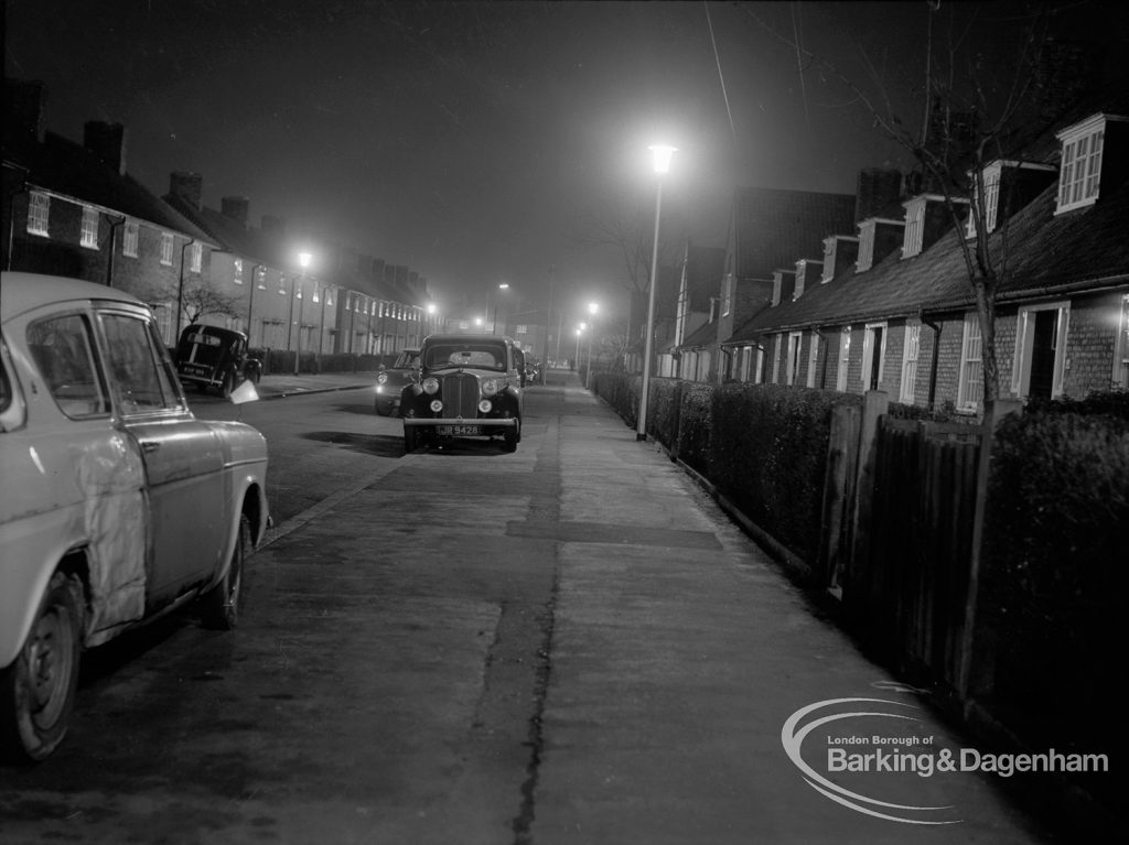 Street lighting at night in Dagenham, 1968