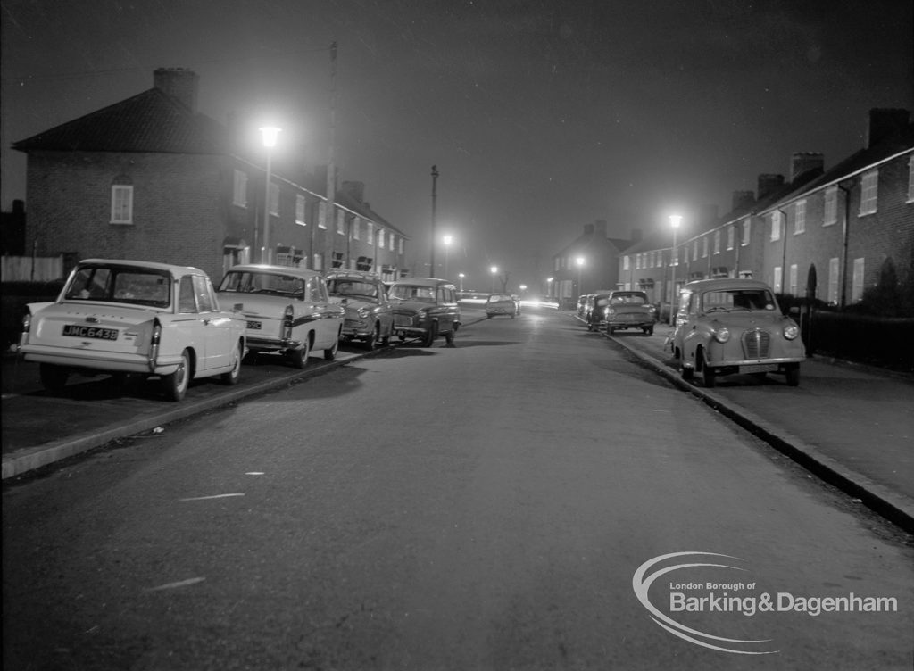 Street lighting at night in Dagenham, 1968