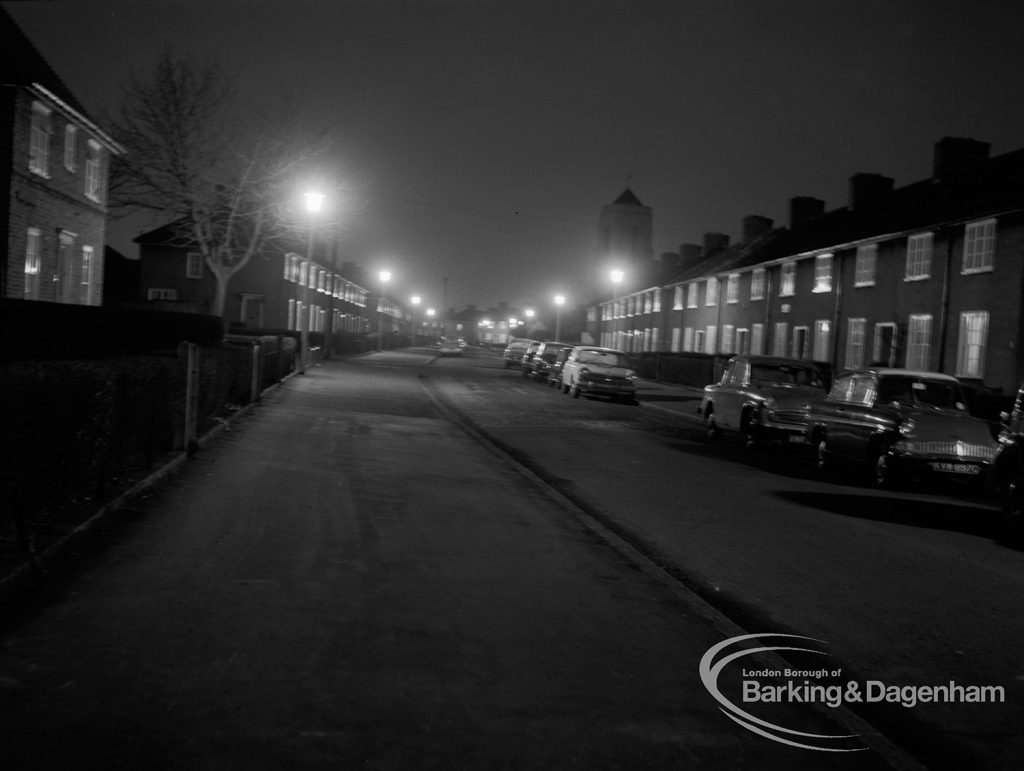 Street lighting at night in Dagenham, 1968