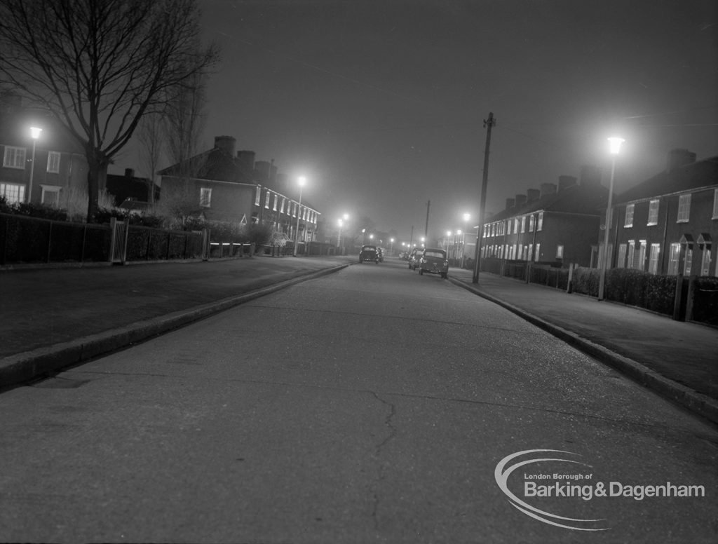 Street lighting at night in Dagenham, 1968