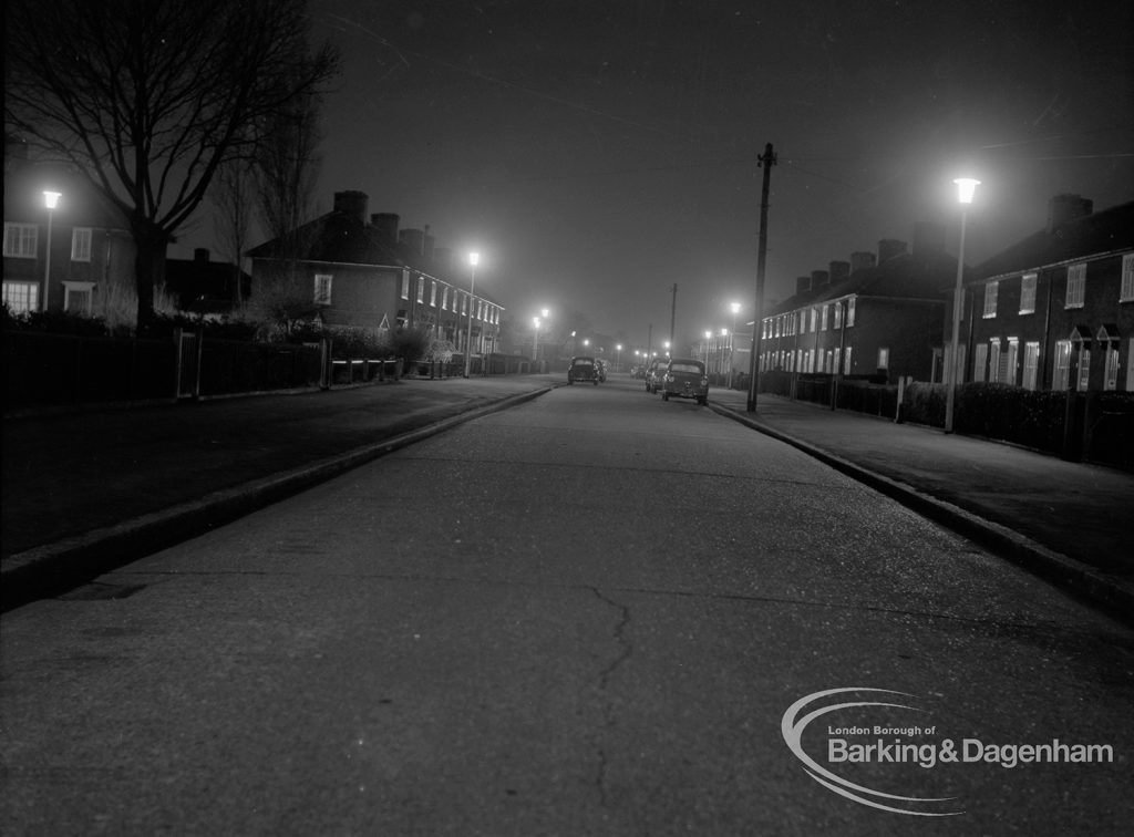 Street lighting at night in Dagenham, 1968