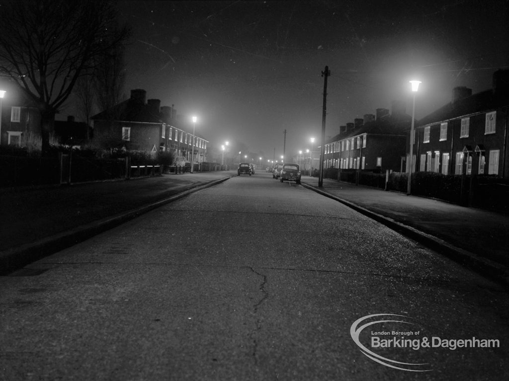 Street lighting at night in Dagenham, 1968