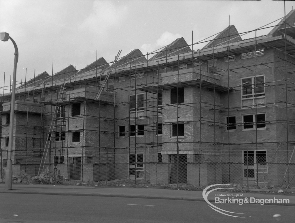Housing development with three-storey ‘porches’ on north side under construction at Becontree Heath, 1968
