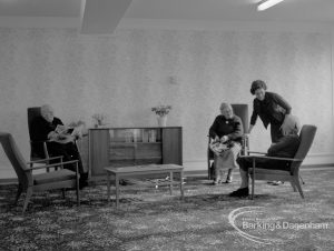 New Riverside Old People’s Home for Senior Citizens, Thames View, showing worker and residents in the lounge, 1968