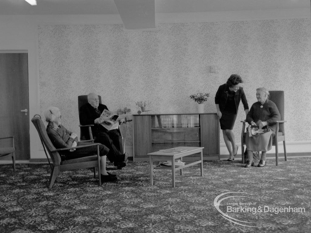 New Riverside Old People’s Home for Senior Citizens, Thames View, showing worker and residents in the lounge, 1968
