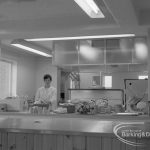 New Riverside Old People’s Home for Senior Citizens, Thames View, showing view into kitchen with a member of staff, 1968