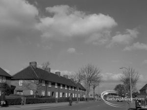 Lodge Avenue, Dagenham taken from Rosedale Road junction, and with The Roundhouse Public House at top, 1968
