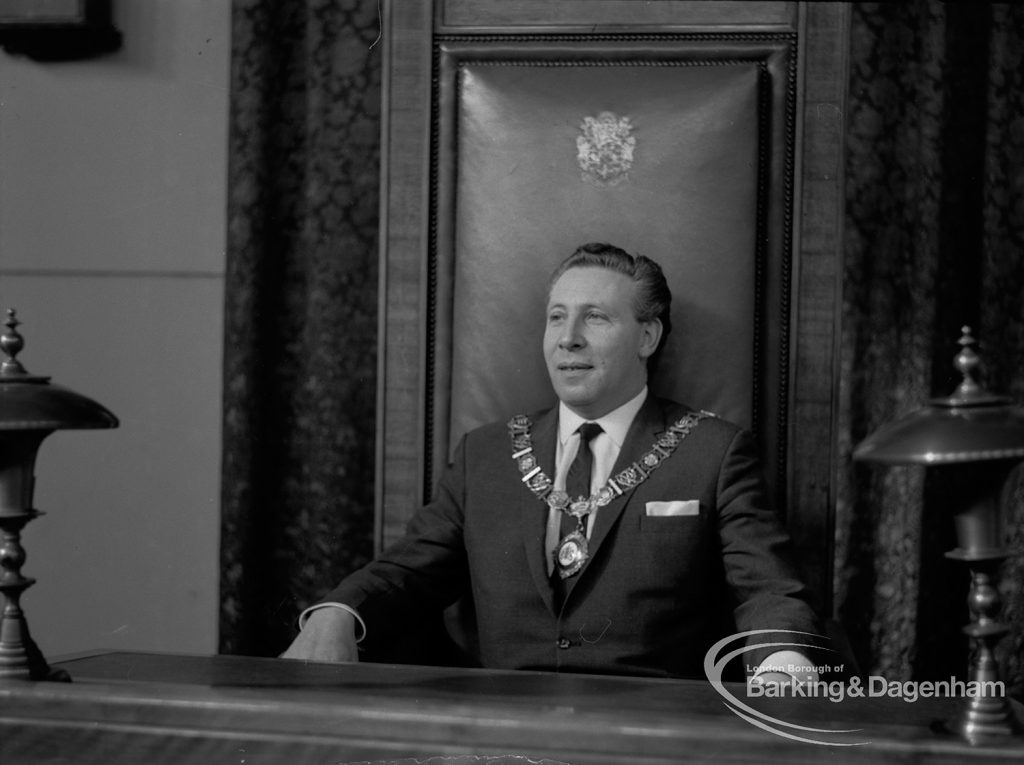 Mayor Councillor William Noyce JP with chain of office sitting in Mayor’s chair, 1968