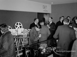 Arts Council, showing celebrations at one hundredth performance of Fanshawe Film Society, with exhibition and projectors, 1968