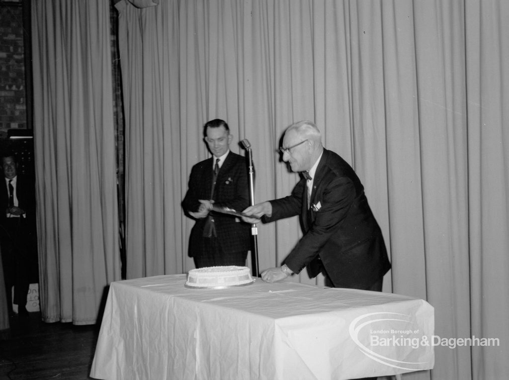Arts Council, showing celebrations at one hundredth performance of Fanshawe Film Society, with Honorary Treasurer cutting cake, 1968