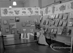 Barking Libraries Children’s Book Week [18th to 27th March] at Valence House, Dagenham, showing display of books and cut-out figure, 1968