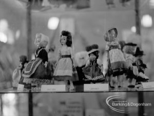 Barking Libraries Children’s Book Week [18th to 27th March] at Valence House, Dagenham, showing a display case with dolls in national costume, 1968