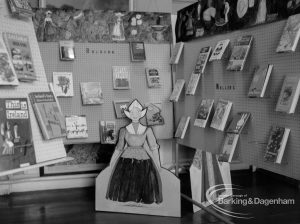 Barking Libraries Children’s Book Week [18th to 27th March] at Valence House, Dagenham, showing display of books on Belgium and Holland and cut-out figure, 1968