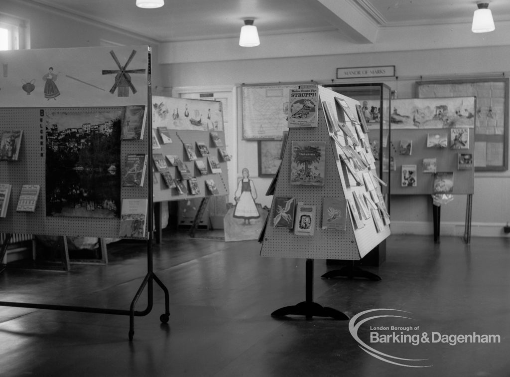 Barking Libraries Children’s Book Week [18th to 27th March] at Valence House, Dagenham, showing display stands in east end of museum room, 1968