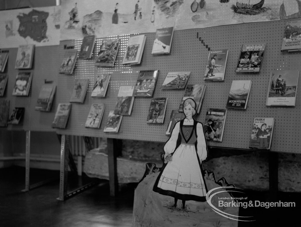 Barking Libraries Children’s Book Week [18th to 27th March] at Valence House, Dagenham, showing display of books on Iceland and other countries and cut-out figure, 1968