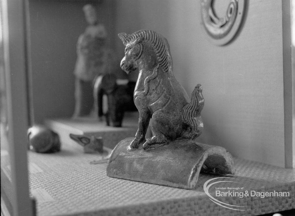 Victoria and Albert  Animals in Art exhibition [possibly in Rectory Library, Dagenham], showing sitting ornamental horse, 1968