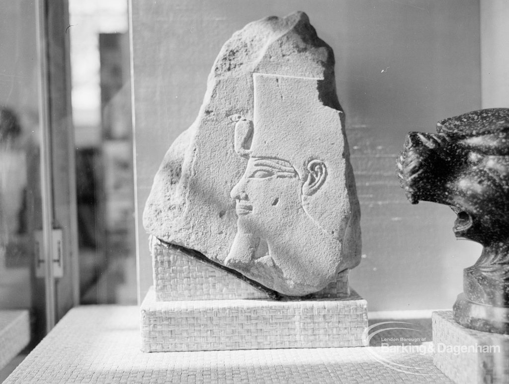 Victoria and Albert  Animals in Art exhibition [possibly in Rectory Library, Dagenham], showing Egyptian head of pharoah on limestone [see also EES12843], 1968