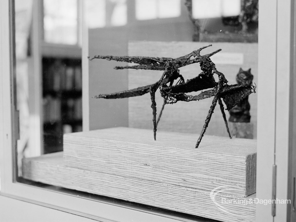 Victoria and Albert  Animals in Art exhibition [possibly in Rectory Library, Dagenham], showing contemporary skeleton in metal [possibly bull], 1968