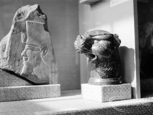 Victoria and Albert  Animals in Art exhibition [possibly in Rectory Library, Dagenham], showing Egyptian head of pharoah on limestone [see also EES12840] and adjacent sculpture [possibly roaring lion], 1968