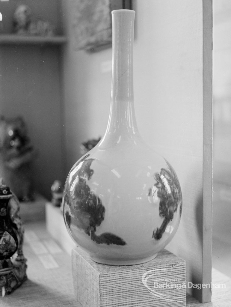 Victoria and Albert  Animals in Art exhibition [possibly in Rectory Library, Dagenham], showing tall, round and slender Chinese glazed vase, 1968