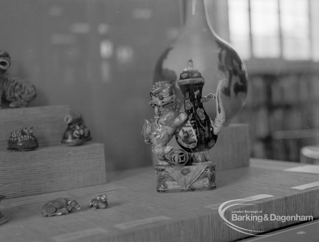 Victoria and Albert  Animals in Art exhibition [possibly in Rectory Library, Dagenham], showing grotesque Chinese animals, 1968