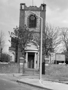 Street lighting, showing new models to north of St Peter and St Paul’s Parish Church Tower in Church Lane, Dagenham, 1968