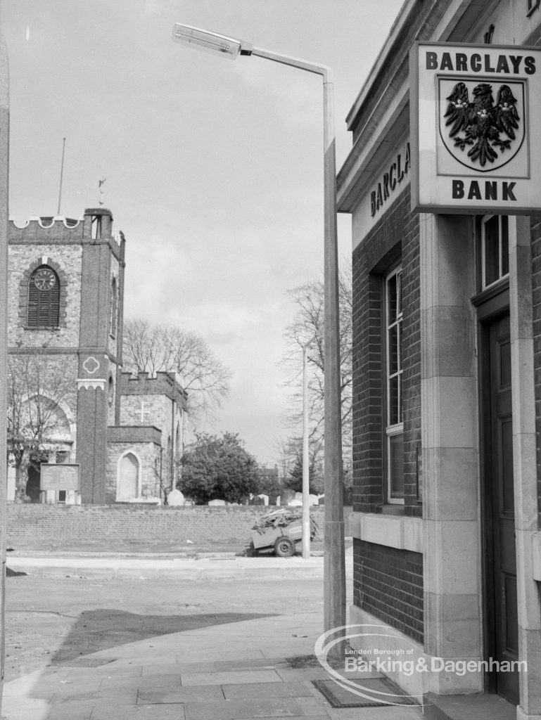 Street lighting, showing new models in front of Barclays Bank,  Dagenham, 1968